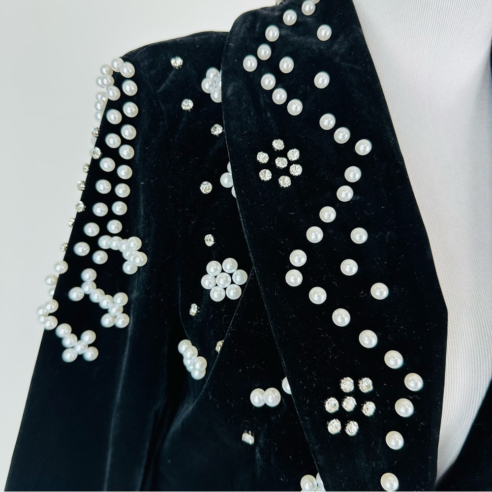 SHEIN Modelyn Pearl and Rhinestone Embellished Black Velvet Blazer Size 6 - Picture 6 of 12